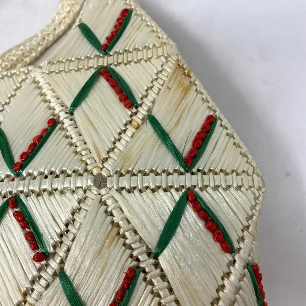 Vintage Woven Raffia Shoulder Bag Red Green Embroidered Folk Art Handbag